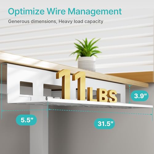 PEGZONE Under Desk Cable Management Tray, 31.5 Inches Metal Cord Organizer Rack, Desk Tray for Power Strip, Cord, Wire, Easy Mounting Cable Management Under Table for Home Office, White - color: White, size: 31.5"
