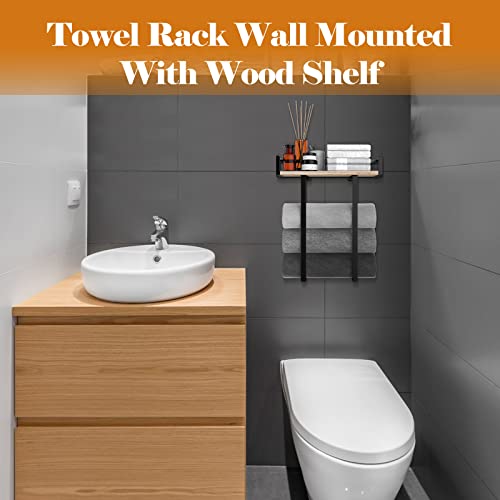 Xstydes Towel Racks for Bathroom Wall Mounted, Metal Towel Holder with Wooden Shelf for Folding Large Towels, Towel Storage for Small Bathroom Organizer Decor or RV Camping - color: Wood, size: Small