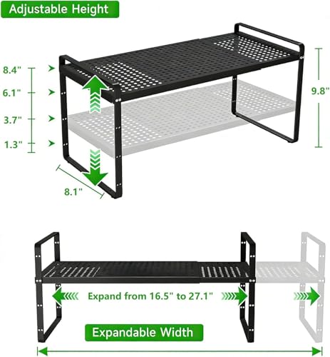 Expandable Cabinet Storage Shelf Stackable Organizer Rack for Kitchen Bathroom Pantry Spice Cupboard Coffee Countertop Home Office Desk Heavy Duty Nonslip Black Small 3 Packs - color: Black 3 Packs, size: Small - 8.1"W x (16.5"-27.1")L x 9.8"H