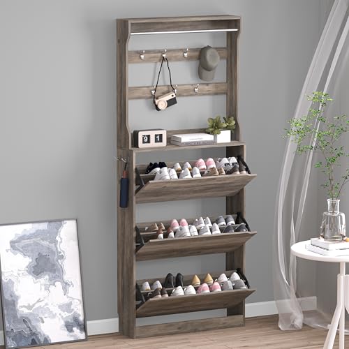BORNOON Shoe Cabinet with 3 Flip Drawers & Coat Rack, Narrow Hidden Shoe Storage Cabinet, 2-in-1 Hall Tree Slim Freestanding Shoe Rack Organizer for Entryway, Hallway, and Living Room - color: Grey, size: 3-Drawer with Rack