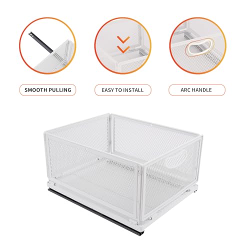 Sliding Cabinet Basket Organizer Drawer Self Adhesive Slide out Pantry Shelves Heavy Duty Carbon Steel Slide Cabinet Storage Basket with Handle for Bathroom Kitchen Home - size: Medium