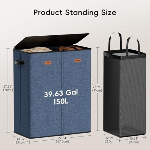 150L Double Laundry Hamper With Lid, Large Clothes Hampers with Removable Bag, Laundry Hamper 2 Section for Bathroom, Bedroom, Laundry Room, Dorm, Navy Blue - color: Navy Bule, size: 150L - 2 Section
