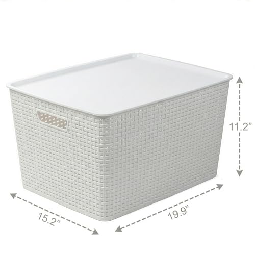 BINO | Plastic Storage Baskets with Lids, 45 Liter - 3 Pack, White | THE WOVEN COLLECTION | Storage Basket for Shelves | Woven Storage Baskets for Organizing Bins Pantry Shelf Organizer Container Bin - color: White, size: 45L | 2-Pack