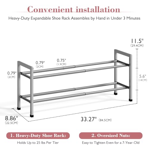Bumusty 2 Tier Expandable Shoe Rack for Closet, 18“-33” Adjustable Shoe Rack for Small Space, Small Shoe Organizer for Front Door, Sturdy Metal, Light Grey - color: Light Grey, size: 2-Tier