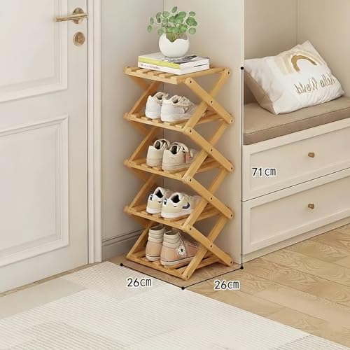 Foldable Shoe Rack, Bamboo Vertical Shoe Organizer Tall for Small Spaces. Multifunctional Narrow Shoe Shelf for Entryway, Closet, Corner, Bedroom, Hallway, Wood Color 5 Layers - size: 5th floor