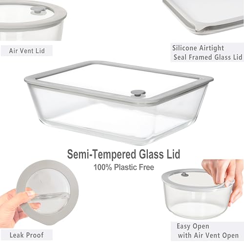 Glass Food Containers with Glass Lid, Microwave Safe Food Storage Container Set, 3 Pack, Square Shape, Food Containers with Lids, Meal Prep containers with Leak Proof Lid. - color: Grey-3S