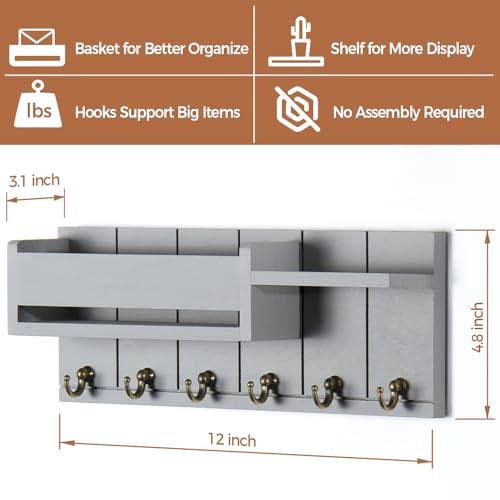 RelaxScene Key Holder Wall Mount - Key Hooks for Wall Decor Living Room - Wooden Key Hanger Rack and Mail Organizer with Shelf for Home Essentials - Modern Entryway House Decor Aesthetic - color: Gray, size: M(12''x4.8'')