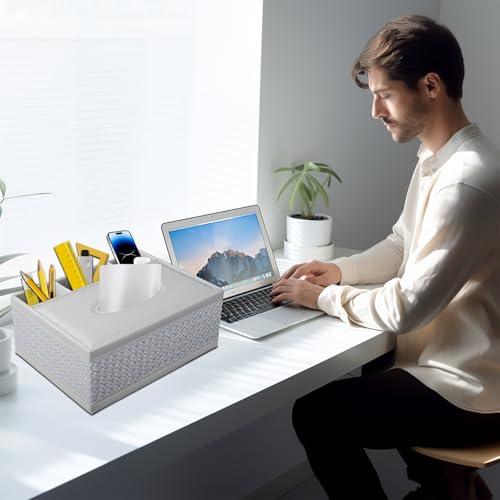Tissue Box Cover Rectangle White Kleenex Box Holder PU Leather Facial Tissue Organizer,Multifunctional Remote Control Stationery Storage Box,Home Office Supplies Car Napkin Caddy - color: Multifunctional Tissue Box-white Weave