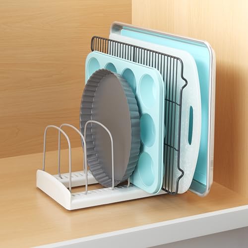 YouCopia StoreMore Bakeware Rack with Tall Steel Wires, Adjustable Pan and Lid Organizer, Classic Edition – White, Alloy Steel & Plastic, 11.5”W x 7.3”D x 6.4”H, Customizable Shelf - size: Standard