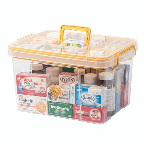Pulseplay Clear Medicine Storage Box with Handle Portable Medicine Cabinet Organizer Multipurpose Plastic Storage Box with Removeable Tray for Home Office Travel Outdoor (Yellow) - color: Yellow