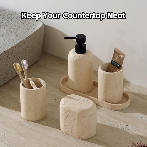 Bathroom Accessories Set, Travertine Stone-Look, 5 PCS Bathroom Accessory Set with 13.53 OZ Soap Dispenser, Toothbrush Holder, Tumbler, Vanity Tray, Cotton Swab Jars for Countertop (Yellow) - color: Yellow 5 Pcs