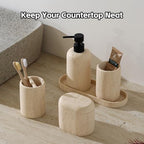 Bathroom Accessories Set, Travertine Stone-Look, 5 PCS Bathroom Accessory Set with 13.53 OZ Soap Dispenser, Toothbrush Holder, Tumbler, Vanity Tray, Cotton Swab Jars for Countertop (Yellow) - color: Yellow 5 Pcs