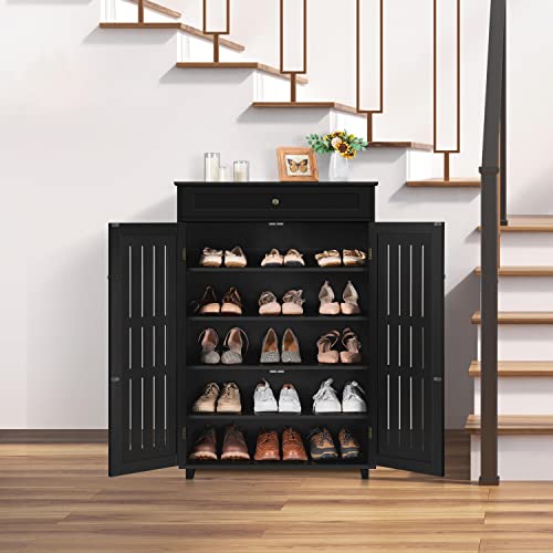 Yaheetech Shoe Cabinet, 5-Tier Shoe Rack Organizer with 1 Drawer, Freestanding Wooden Shoe Storage Cabinet with 2 Louvered Door & Adjustable Shelves for Entryway Hallway, Black - color: Black, size: 31 x 15 x 45.5''