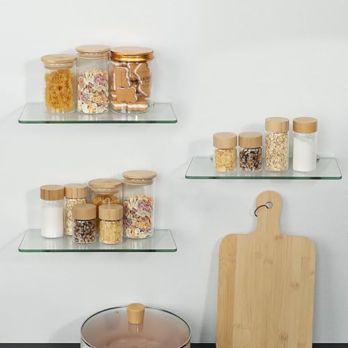SAYAYO Glass Floating Shelves for Wall, Tempered Glass Shelves for Bathroom, Living Room, Bedroom, Office, Toilet, Kitchen Decor, 12Inch Set of 3, Clear - color: Clear, size: 3 PCS