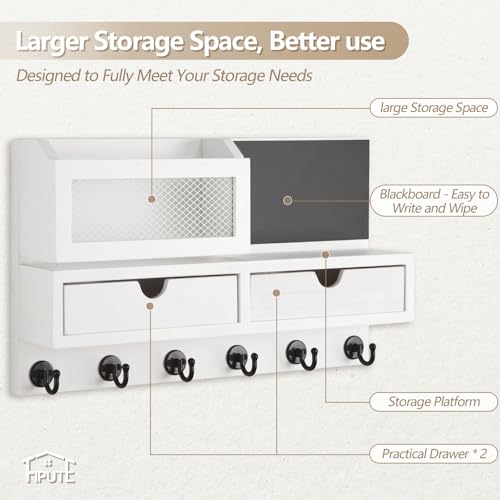 Key Holder for Wall, Key and Mail Holder for Wall with Storage Drawer, Entryway Rustic Home Decor, 3 Liquid Chalks & Chalkboard, 15.98”W x 9.1”H x 3.3”D, White - color: White