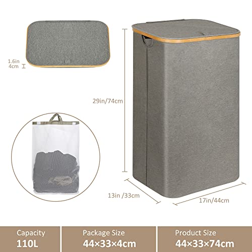 iEGrow Laundry Hamper with Lid, 110L Large Laundry Hamper with Handle and Lid, Collapsible Clothes Basket Organizer with Removable Inner Bag for Clothes Toys Towels - Grey - color: Grey, size: 110L