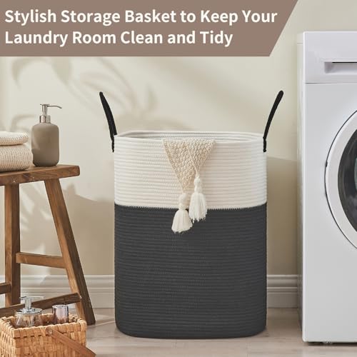 AINUOQI Laundry Basket with Handles - Blanket Basket & Hampers for Bedroom Aesthetic, Laundry Hamper & Blanket Storage for Living Room, Clothes Hamper, Tall, Large 17" x 14" x 25”, White & Black - color: White & Black, size: 85L