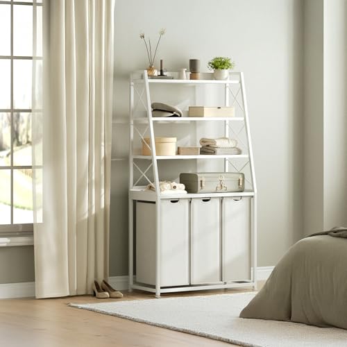 Herture Laundry Basket, 3 Section Laundry Hamper with 4 Tiers Shelf, Pull-Out and Removable Laundry Bags, Large 3 x 15.87 Gallons, for Laundry Room Bathroom White PF05XLW - color: White, size: 3 Bags-180 L