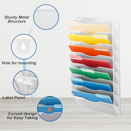 EASEPRES 8 Pocket Mesh Hanging Wall File Organizer, Wall Mounted Mail Paper Document Folder Holder, Clipboard Storage Organization Magazine Rack with Nametag Label for Office Home School, White - color: White, size: 8 Tier