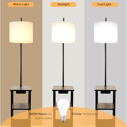 Floor Lamp with Table, Narrow Side Table with Fabric Basket, USB-A/USB-C Charging Station and AC Port, 3 Color Temperatures 12W LED Bulb, End Table for Bedroom, Living Room and Home Office, Brown - color: Brown