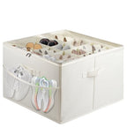 Fabric Shoe Bins with Side Mesh Pocket, Foldable Shoe Storage Organizer Box with Adjustable Dividers Clear Cover Handles Zippers, Stackable Storage Container Box for Closet, Max 16 Pairs, Beige