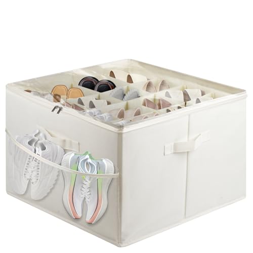 Fabric Shoe Bins with Side Mesh Pocket, Foldable Shoe Storage Organizer Box with Adjustable Dividers Clear Cover Handles Zippers, Stackable Storage Container Box for Closet, Max 16 Pairs, Beige