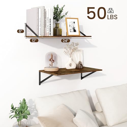 Fun Memories Floating Shelves for Wall, 12 Inch Deep Floating Shelves Set of 2, 24W x 12D Large Wall Shelf with Sturdy Metal Brackets for Living Room, Bathroom, Bedroom and Kitchen, Rustic Brown - color: A-rustic Brown, size: 24"W x 12"D