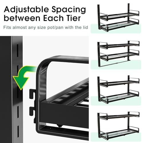 19"- 30" Expandable Hanging Pot Rack, 2 Tier Heavy Duty Wall Mounted Pots and Pans Organizer with 10 Hooks and 5 Pot Lid Holders, Pot Hanger Shelf for Kitchen Cookware Utensils Organizers and Storage