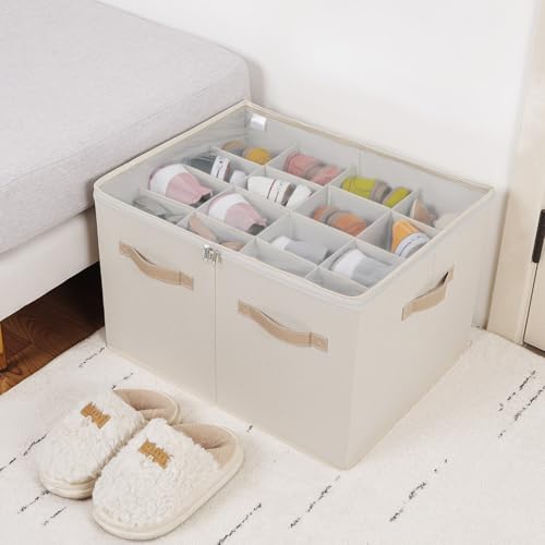 TOPIA HOME Shoe Organizer for Closet 2 Pack, Foldable Shoe Box with Adjustable Dividers and Clear Cover, Space Saving Shoe Storage Organizer Cabinet with Reinforced Handles, Fits 32 Pairs Beige TP12Y - color: Beige-2Pack, size: Large(20.87''L x 16.54''W x