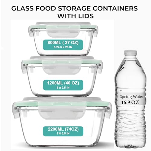 Razab 6 PC Square Glass Food Storage Containers with Airtight lids (74, 40 & 18 oz) Kitchen Glass Meal Prep Containers Set for Freezer Reusable Leftover Lunch Boxes, Oven, Microwave, Dishwasher Safe