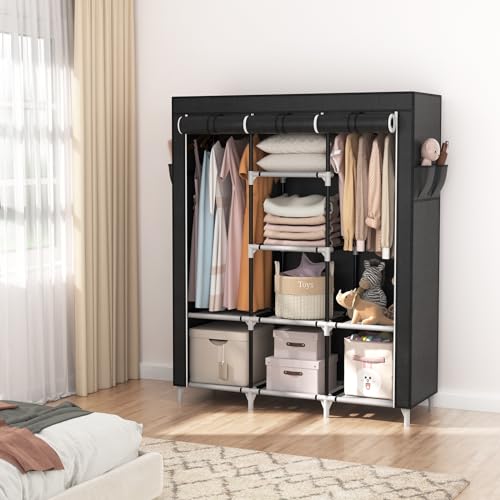 VTRIN Portable Closet, Large Capacity Portable Wardrobe with 2 Hanging Rods and 8 Storage Shelves, Sturdy Free Standing Closet Wardrobe for Hanging Clothes with Side Pockets, Black - color: Black, size: 3 Row - 49'' Wide