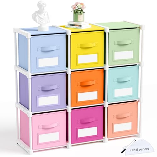 Geelin 9 Cube Toy Storage Organizer with Fabric Bins and Labels, 11 Inch Collapsible Colorful Cubby Storage Drawers Pastel Dresser with Shelf for Playroom Nursery Closet Bedroom Dorm - color: Pastel