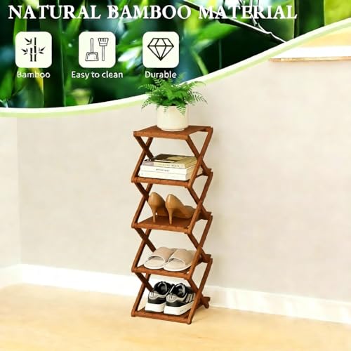 Bamboo Shoe Rack - No Assembly Required, Tall Narrow Foldable Shoe Organizer, Space-Saving Multifunctional Shelf for Entryways, Corners, Bedrooms, Balconies, 4 Layer Brown (Reinforced And Thickened ) - color: Brown, size: 4 Layers