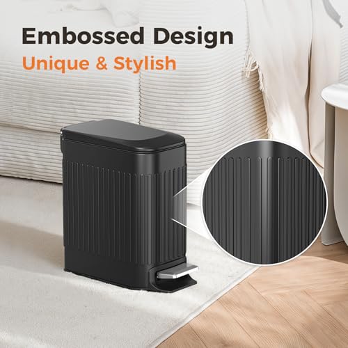 TrashAid Small Black Bathroom Trash Can with Lid Soft Close, 6 Liter / 1.6 Gallon, Stainless Steel Garbage Can with Removable Inner Bucket, Step Pedal, Slim Wastebasket for Toilet, Office, Bedroom - color: Black