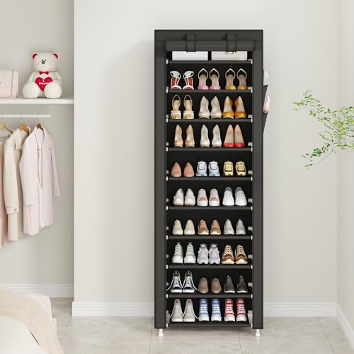 UDEAR 10-Tier Free Standing Shoe Rack Sturdy Shoe Rack Organizer for Closet Entryway Stackable Shoe Shelf with Dustproof Cover,Black - color: Black