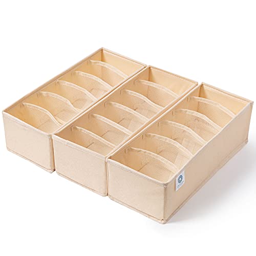 Qozary 3 Pack Sock Underwear Drawer Organizer Dividers, Collapsible Cabinet Closet Storage Boxes for Clothes, Socks, Lingerie, Underwear, Tie, Belt, Baby, Bedroom - color: Beige, size: 6 Cells