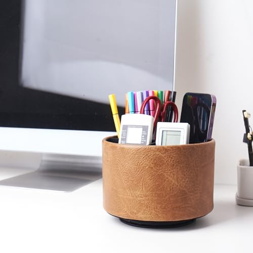 Hennaja Round Leather Art Supply Organizer,Remote Control Holder,360 Degree Spinning,Multi-Functional Pencil Holder,4 Compartments Desktop Stationary Organizer(1-Crazy Brown) - color: 1-Crazy Brown