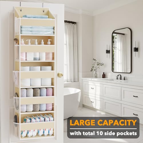 SpaceAid 1 Pack Over The Door Organizer with 5 Large Pockets and 10 Mesh Side Pockets, 5 Layers Door Organizer Hanging with Clear Window for Bedroom, Bathroom, Pantry and Nursery, Beige - color: Beige, size: 1 Pack