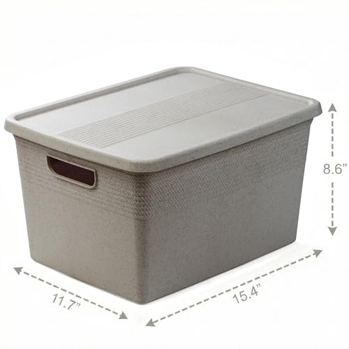 BINO | Plastic Storage Bins with Lids, 22 Liter - 3 Pack, Natural Grey | THE BRAIDED COLLECTION | Plastic Bins for Organization Woven Storage Baskets for Organizing Pantry Shelf Organizer Basket Bin - color: Natural Grey, size: 22L | 3-Pack