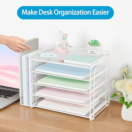 AUPSEN Desk Organizers and Accessories, 5-Tier Desktop Paper File Organizer with Removable File Holder, Desk Accessories & Workspace Organization for Home Office Supplies (White) - color: White