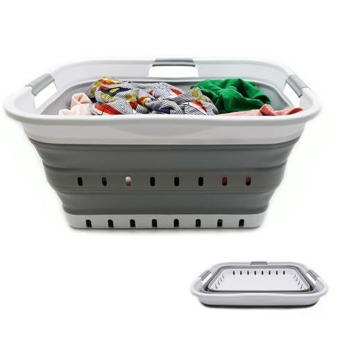 SAMMART 42L (11 gallon) Collapsible Plastic Laundry Basket - Foldable Pop Up Storage Container/Organizer - Space Saving Hamper/Basket (1, White/Grey) - color: White/Grey
