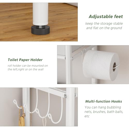 Simple Trending Over The Toilet Storage Rack with Drawers, Metal 3 Tier Bathroom Organizer Shelf with Paper Holder and 3 Hooks, White - style: 3 Tier White-Drawers