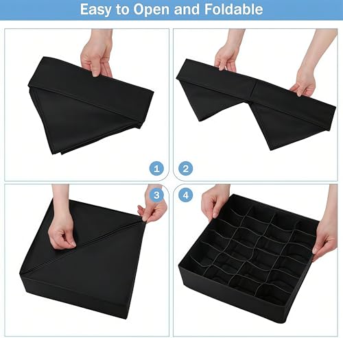 Sock Drawer Organizer Divider, 24 Cell Foldable Closet Underwear Storage Boxes, Fabric Dresser Drawer Dividers for Clothes, Socks, Lingerie, Ties, Belts, Baby Clothing - Black