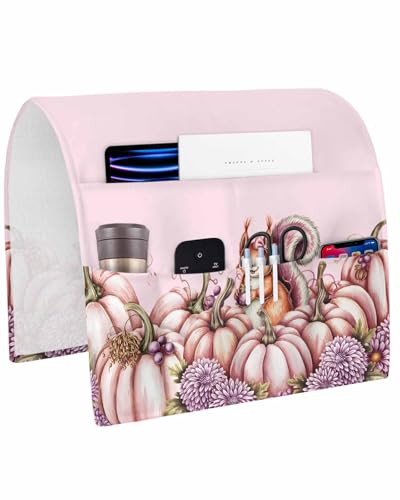 Fall Thanksgiving Remote Control Holder for Bed Recliner Sofa Armrest Organizer, Purple Pumpkin Autumn Flower Botancial Couch Caddy Bedside Storage with 5 Pockets for Magazine/Phone/Cup 19.7"x35" - color: Pumpkinsdy8851, size: 19.7 x 35 Inch
