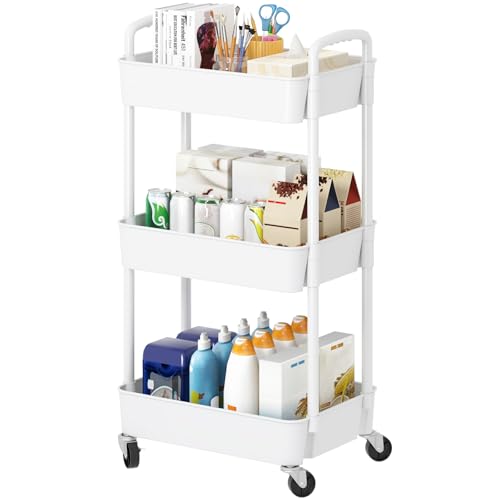 Laiensia 3-Tier Rolling Cart with Wheels,Multifunction Utility Storage Carts, Kitchen Storage Organizer,Mobile Shelving Unit for Bathroom,Laundry,with Classified Stickers,White - color: White, size: 3-Tier