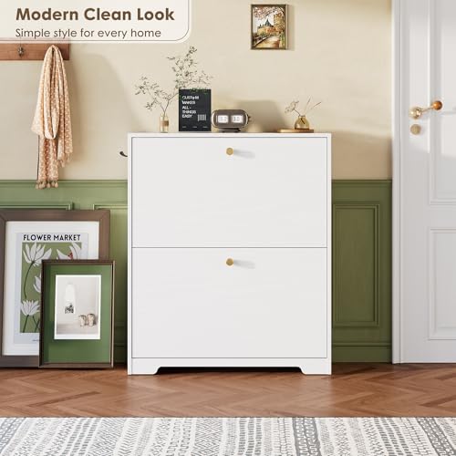 Nicetree Shoe Cabinet with 2 Flip Drawers, Narrow Shoe Organizer Cabinet, Freestanding Shoe Rack Cabinet, Morden Shoe Storage Cabinet for Entryway, Hallway, Foryer, White - color: White, style: 2-Drawers