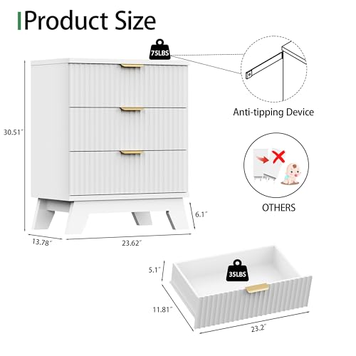Fluted Dresser for Bedroom with 3 Drawers, 24" Wide Modern Chest of Drawers with Metal Handle, Wooden Dresser TV Stand, Wood Closet Clothes Storage Drawer Organizer for Living Room, Hallway, White - color: White, size: 13.8"D x 23.6"W x 30.5"H (3 Drawers)