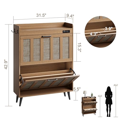 ChooChoo Shoe Storage Cabinet with 2 Flip Drawers, Deodorizing Shoe Organizer Storage for Entryway, Freestanding Hidden Slim Narrow Shoe Rack Cabinet, Rustic Oak - color: Rustic Oak, size: 2-Drawers