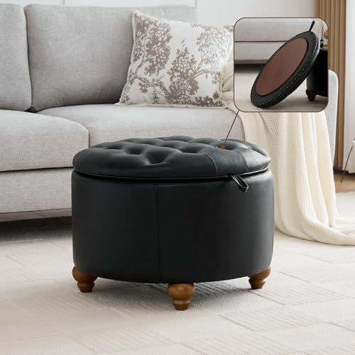 WUTUTUEE 24Inch Round Storage Ottoman with Tray, Modern Tufted Leather Circle Coffee Table with Storage, Upholstered Ottoman with Removable Top for Living Room, Bedroom, Leather Black - color: Leather Black, size: 24 Inch