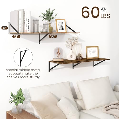 Fun Memories Floating Shelves for Wall, 12 Inch Deep Floating Shelves Set of 2, 36W x 12D Large Wall Shelf with Sturdy Metal Brackets for Living Room, Bathroom, Bedroom and Kitchen, Rustic Brown - color: A-rustic Brown, size: 36"W x 12"D